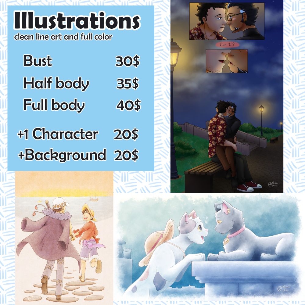Nimue's commission prices for Illustrations (clean lineart and full color)

Bust 30$
Half body 35$
Full body 40$

+ 1 Character 20$
+ Background 20$