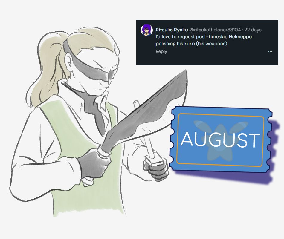 Ko-fi doodle request: "I'd love to request post-timeskip Helmeppo polishing his kukri (his weapons)"
