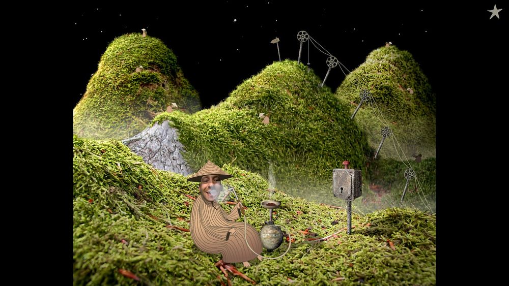 The scene the gnome arrives to. Little people harvesting things on the mountain. A man with a hookah sits smoking.