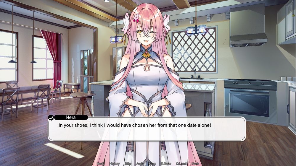 Nera: "In your shoes, I think I would have chosen her from that one date alone!"
Temu Ulalaka with her sprite that stands as very different from the others stands in a kitchen complimenting Violet to the player. 