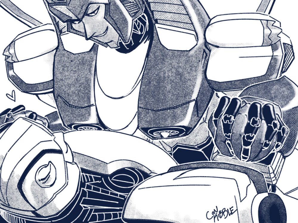 starscream laying on top of bumblebee, theyre holding hands and smiling at each other. starscreams got them big titties.
