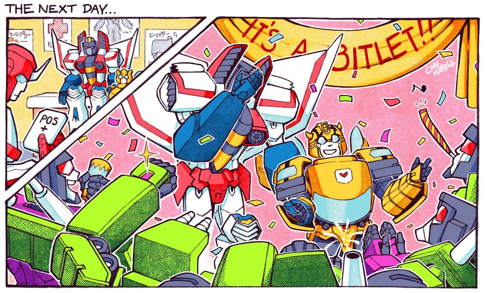 the next day...
starscream and bumblebee are in ratchet's clinic. his tablet says positive. starscream has to embarrassingly endure the constructicons throwing him a congratulatory bitlet bash when they announce he is actually carrying lmao