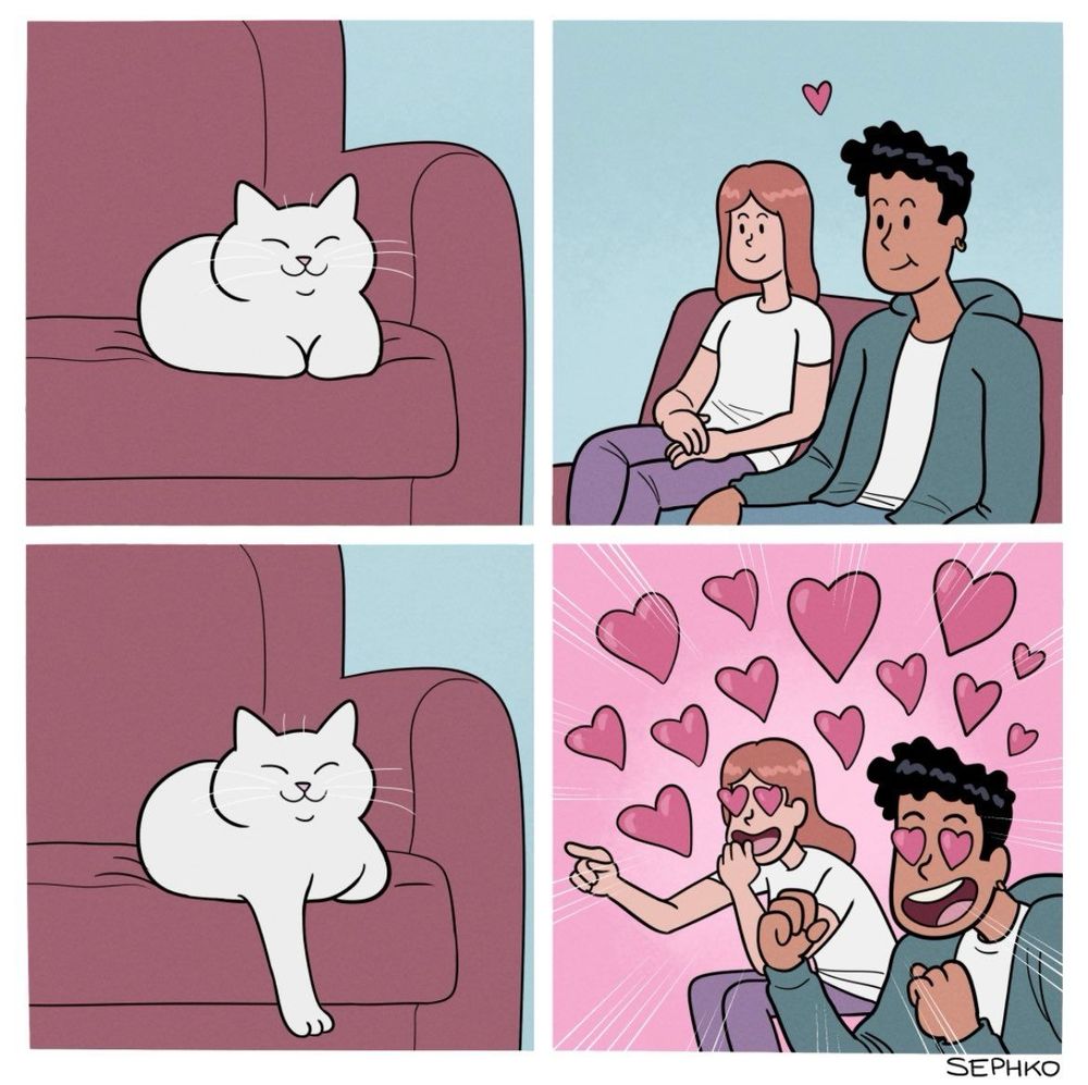 Cartoon by Sephko. Grown ups behaving like… well…  like normal people behave whenever their cat makes an incredibly cute move.