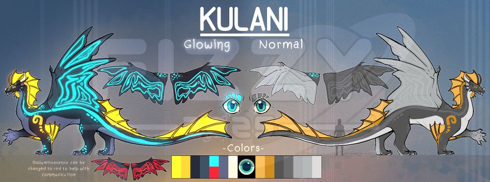 A reference sheet for a grey and orange dragon that glows yellow and blue in the dark. They have blue eyes and sometimes they can glow red for communication 