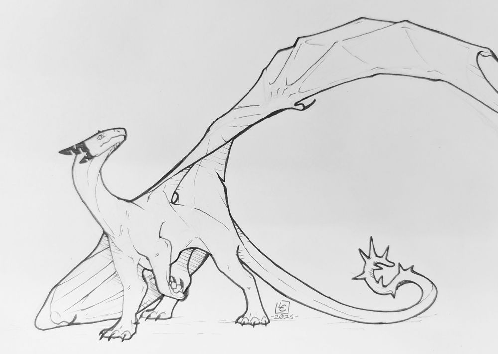 Ferra, a dragon with black horns and claws drawn on paper
