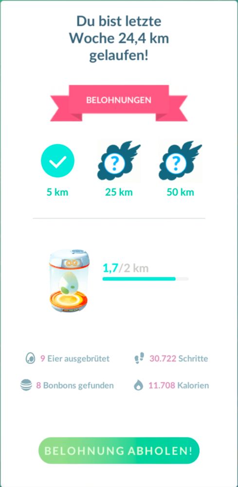 pokemon go screenshot der abenteuer-sync-belohnungen - du bist letzte woche 24,4 km gelaufen!
9 eier ausgebrütet | 30.722 schritte | 8 bonbons gefunden | 11.708 kalorien