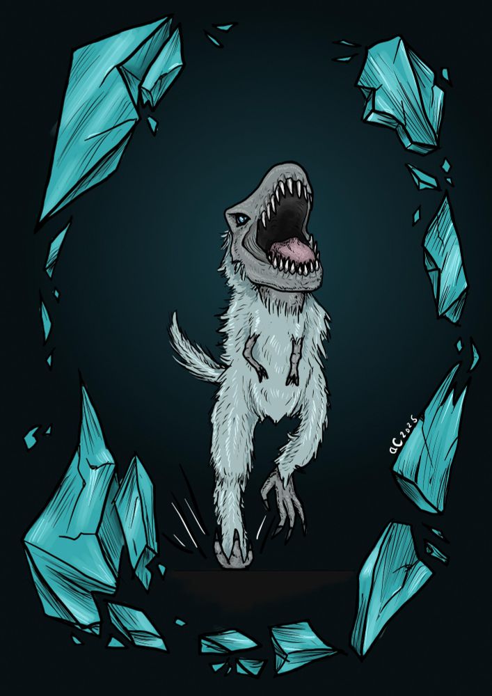 Dessin d'un T-Rex avec un duvet de plumes polaires blanc sur tout le corps excepté sa tête et ses pattes avant, ainsi que ses pieds. Il charge à travers un cristal bleu-cyan la gueule grande ouverte 