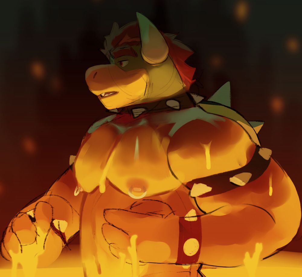 Work in progress painting of Bowser washing himself off in a lava bath. (Full thing is SFW)