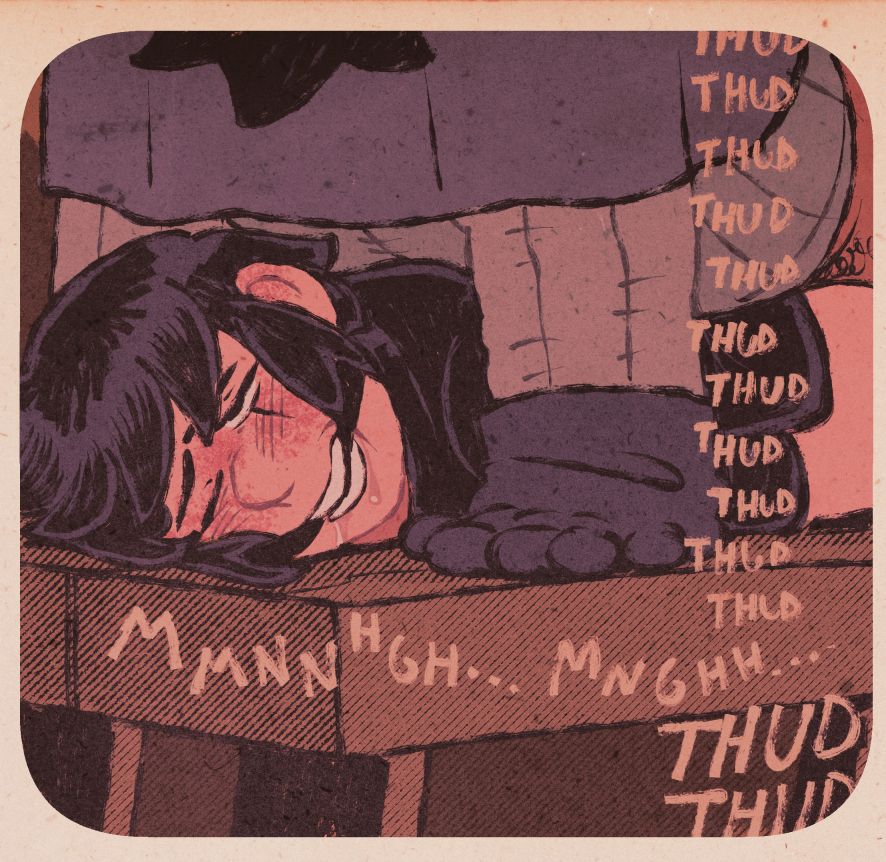 close up of cadogan's face, with karken on top of him, humping away. a line of "THUD"s descend from the top right, interrupted by cadogan's moaning. the THUDs get bigger from there.