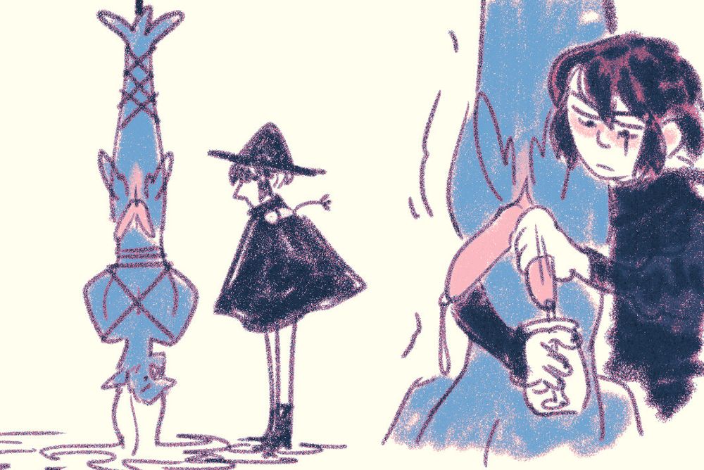 two panels, a merman hangs upside down in suspension, and cadogan milks one of his 2 dicks into a jar