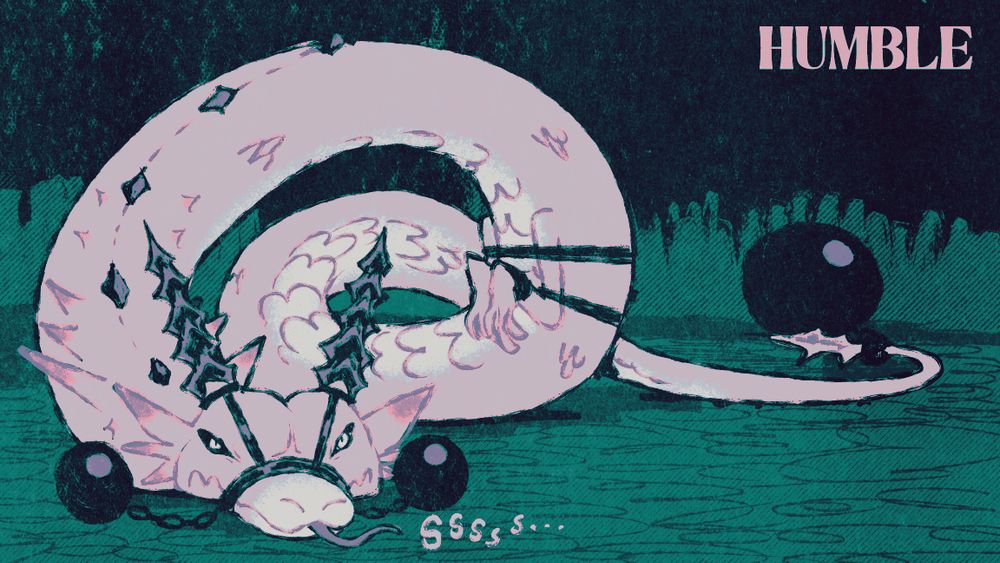 a white lindwurm is bound with iron balls and chains. "HUMBLE" in the top right