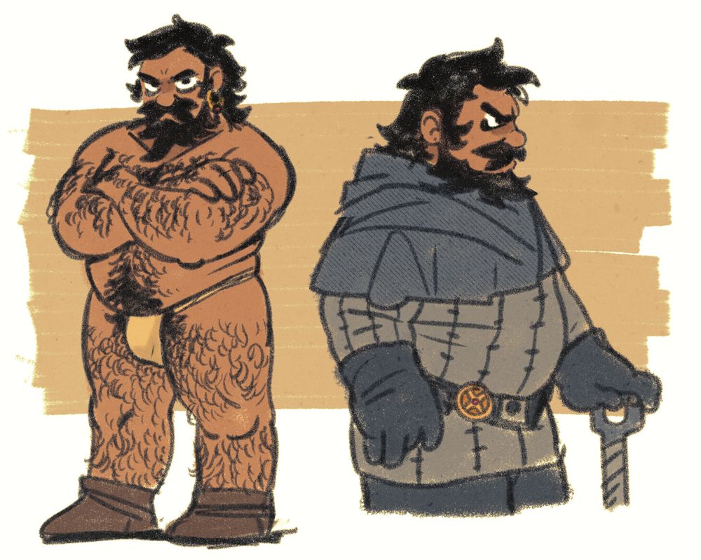 a hairy dwarf man stands in a loin cloth, crossing his arms and looking surly. the same dwarf man stands in a basic medieval mercenary-type outfit