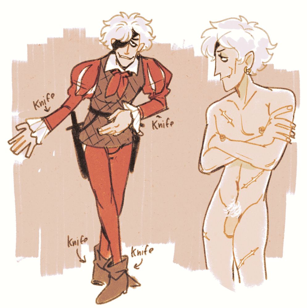 a thin man in red hose and slashed sleeves bows in mock politeness. indicators of where he's hiding knives point at his boots and sleeves. there's a second sketch of him naked, showing various of scars and the fact his nipples are pierced.
