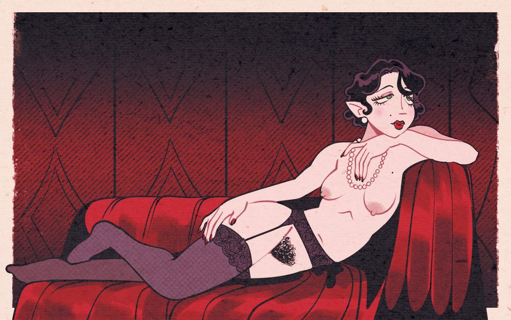 a thin white vampire lady in garters and stockings lounges on a red couch