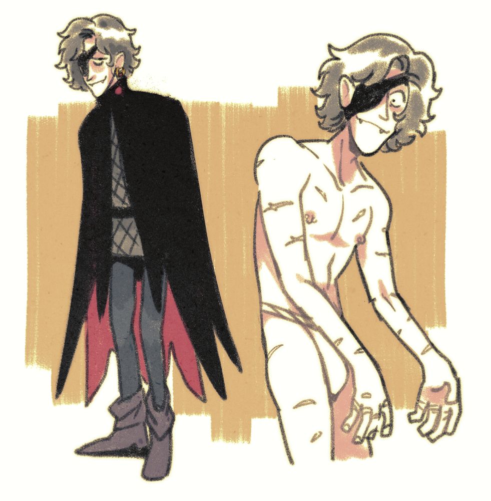 a thin, vampire-looking man with an eyepatch and cloak. a second sketch depicts him undressed to a loincloth, showing off a myriad of knifewound scars across his body. and pierced nipples