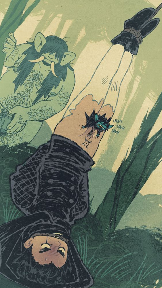 cadogan hangs upside down from his ankles in a forest, with his hands tied behind his back and his mouth gagged. his tights are torn and little madog is humping away at him. in the background, an ogre watches on
