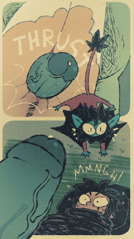 panel 1: the ogre thrusts his cock between cadogan's tightly pressed thighs, forcing madog out.
panel 2: cadogan looks up in surprise at the massive hog in the foreground. MMNGH!