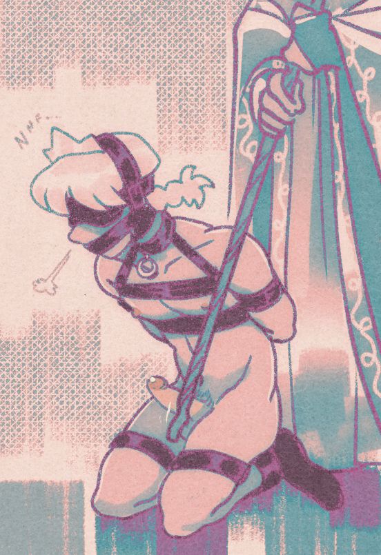 prince vester kneels on the ground, bound in leather straps with sensory deprivation bondage over his eyes, ears, and mouth. osmund stands behind him and gently nudges vester's erect cock with the end of his staff.
