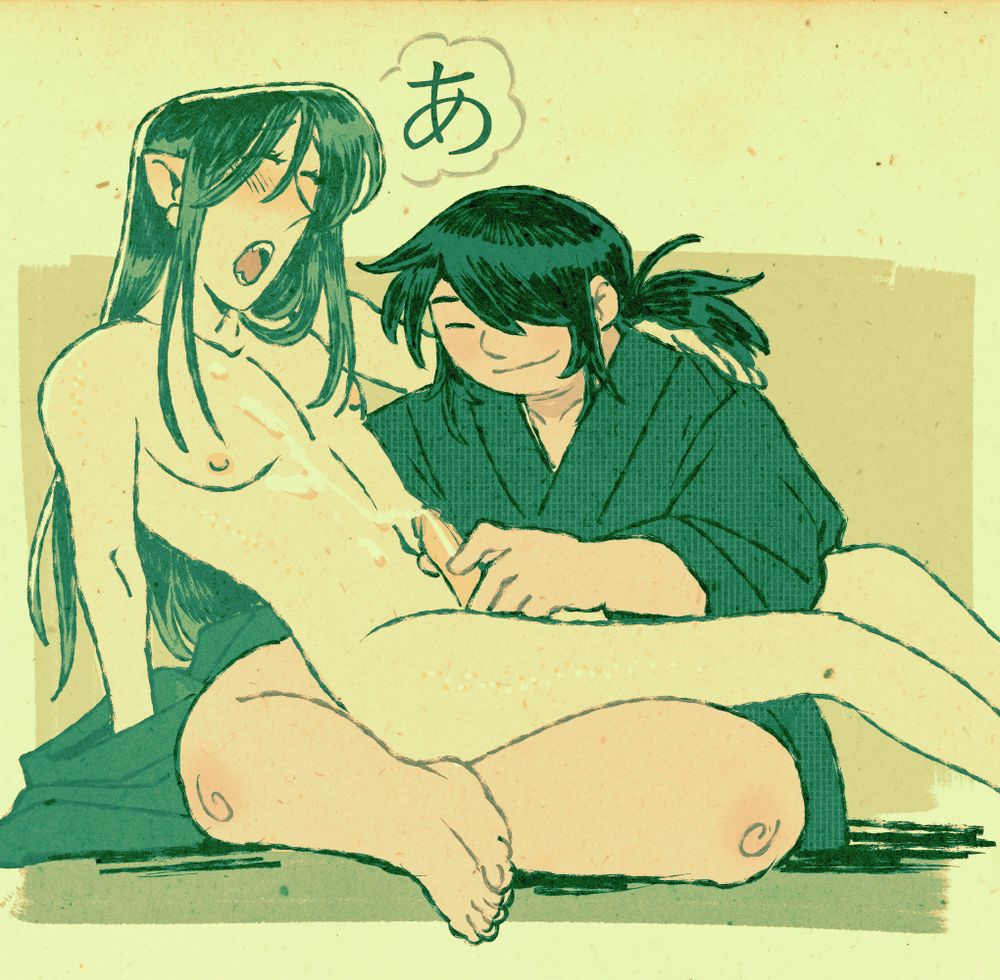 kenta sits cross-legged, dressed, while an entirely nude human wakatake sits in his lap getting jerked off. the japanese character for "AH" floats beside him