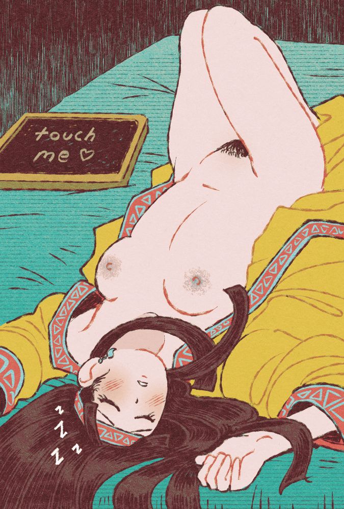 keira from harvest moon sleeping in a bed with her robe open to show her naked body. a chalkboard with "touch me" lies beside her