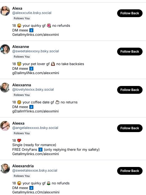 five fake accounts pretending to be the same person (alexxmini)