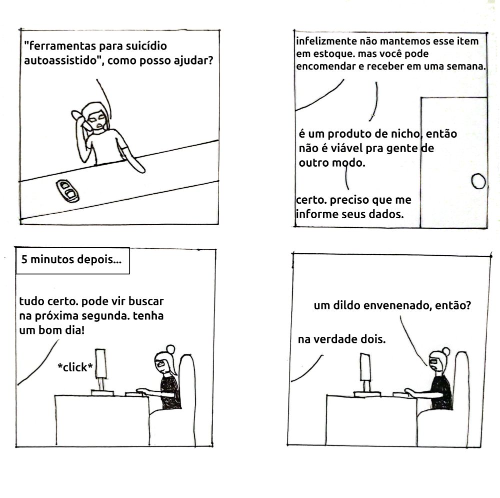 1º quadrinho:
lana, no telefone, pergunta: "ferramentas para suicídio auto-assistido", como posso ajudar?
2º quadrinho:
fora do quadrinho, lana diz: "infelizmente não mantemos esse item em estoque. mas você pode encomendar e receber em uma semana."
lana continua: "é u mproduto de nicho, então não é viável pra gente de outro modo."
lana continua: "certo. preciso que me informe seus dados."
3º quadrinho:
5 minutos depois...
lisa está no computador com uma expressão entediada. fora do quadrinho, lana diz: "tudo certo. pode vir buscar na próxima segunda. tenha um bom dia!" e desliga o telefone
4º quadrinho:
lisa, olhando na direção de lana, pergunta: "um dildo envenenado, então?"
lana, fora do quadrinho, responde: "na verdade dois."