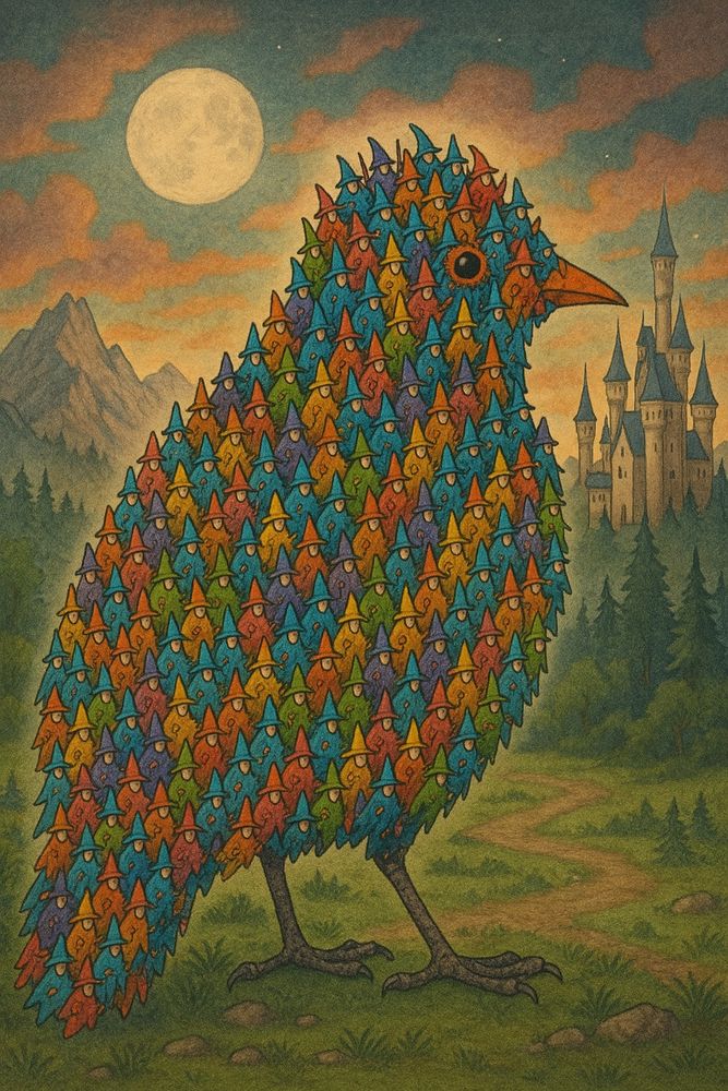 A fantastical hand-painted scene of a large bird composed entirely of colorful miniature wizards, each wearing pointed hats and robes in shades of blue, orange, red, green, and purple. The bird stands on a grassy path in a lush fantasy landscape. Behind it rises a tall stone castle with spires, nestled among pine trees. In the distance, misty mountains frame the scene under a glowing full moon and a dreamy sky streaked with twilight clouds. The overall mood is whimsical and magical.