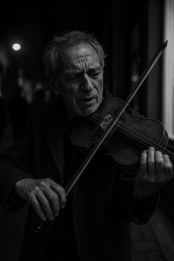 An elderly violinist plays beneath a lonely streetlamp, his eyes closed in soulful concentration. The bow glides with grace across the strings as shadows wrap around him like an audience of ghosts. Every wrinkle, every note, speaks of a lifetime lived in music. A moving black-and-white portrait that captures the quiet poetry of night.