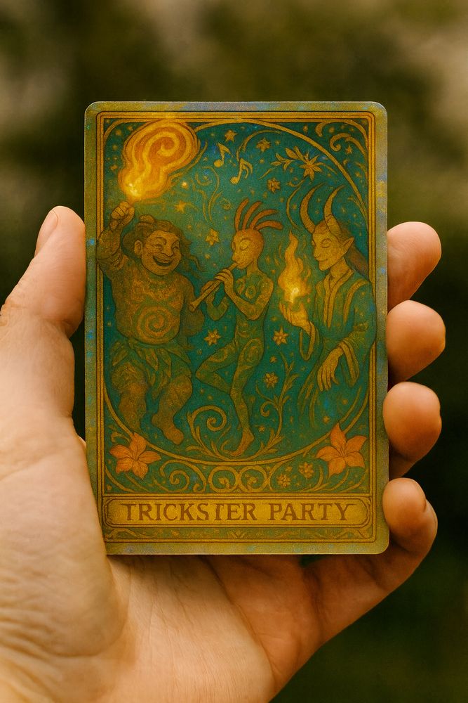 A fair-skinned left hand holds a richly illustrated card titled “TRICKSTER PARTY” against a blurred natural background. The card shows three mythical figures dancing and playing music surrounded by golden swirls, stars, and flowers in an Art Nouveau style. One figure holds a fiery torch, another plays a flute, and the third conjures magical flames in their hand.
