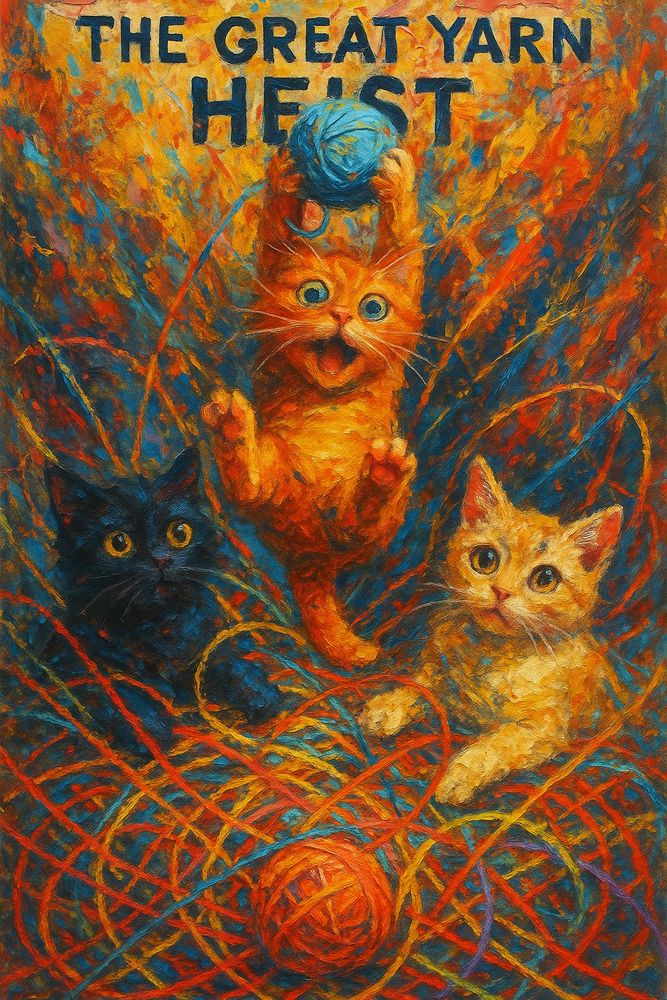 Three mischievous kittens are caught mid heist in a swirl of colorful yarn. One orange kitten leaps triumphantly with a blue ball of yarn clutched overhead, eyes wide with glee. Beside it a startled black kitten peeks from the tangle while a third orange tabby looks up with innocent curiosity. The backdrop is a whirlwind of fiery reds, electric blues and glowing oranges giving the painting a vibrant chaotic energy like the aftermath of a purrfectly planned yarn robbery.