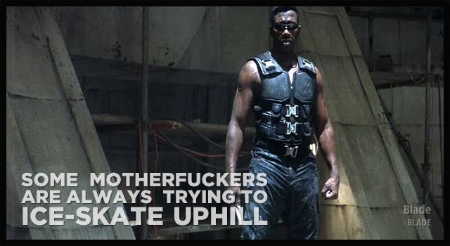 Blade dispels the illusion that capital can create value without labor in a classic moment from the movie BLADE (1998).