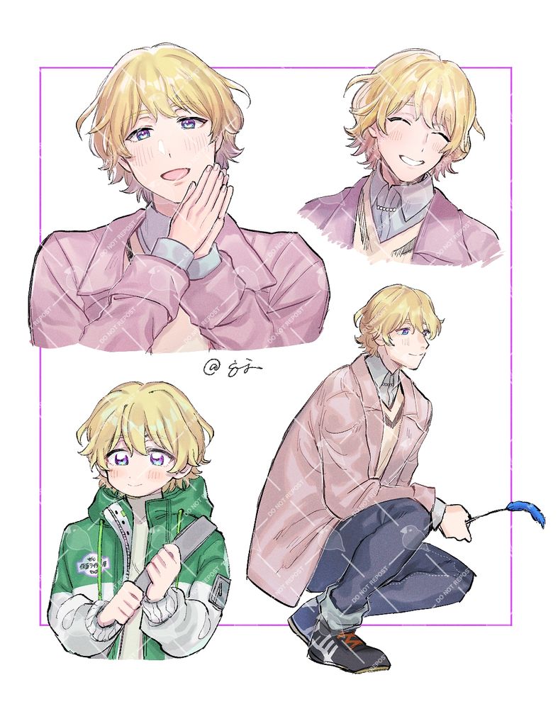 ライドカメンズの深水紫苑のイラスト。全身が1体、バストアップが2体、デフォルメが1体描かれています。