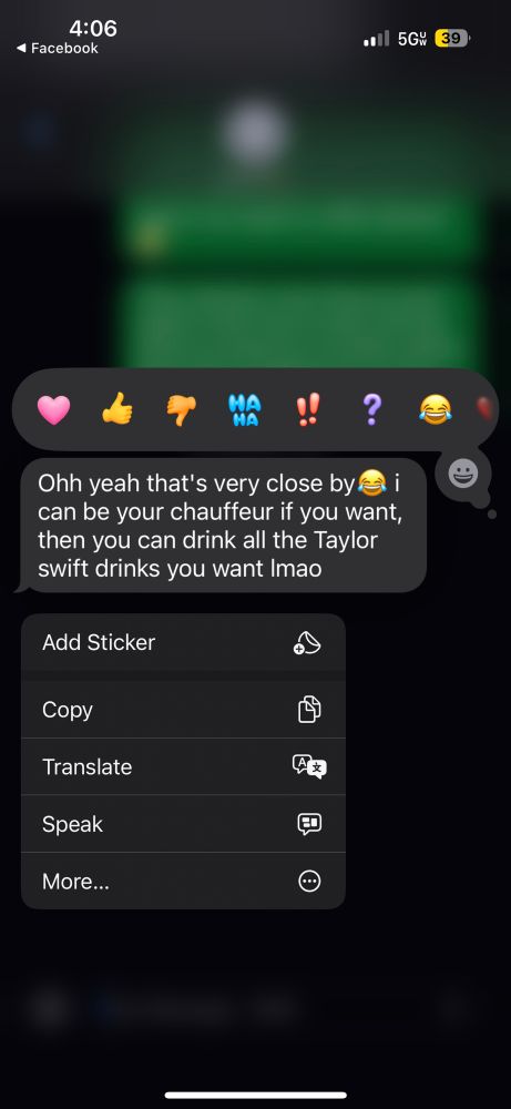 A screenshot of a text message conversation, it shows a message from a beautiful man who offered to drop his girlfriendoff at the Taylor themed swift brunch so she can drink a number of cocktails 