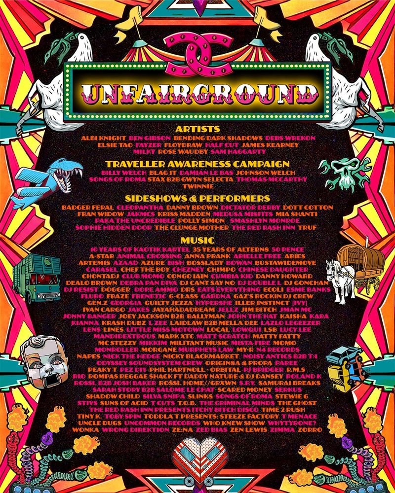 A vibrant, psychedelic poster for the Unfairground area at Glastonbury Festival, featuring colourful circus and fairground imagery, including horses, trucks, and abstract designs. The top centre has a large sign reading UNFAIRGROUND in a neon-style font, flanked by two white robot horses.