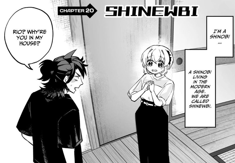 2 protagonistes face à face dans l’entrée d’un appart. Une bulle dit : Je suis un shinobi dee temps modernes. Nous sommes appelés les shinewbi. 