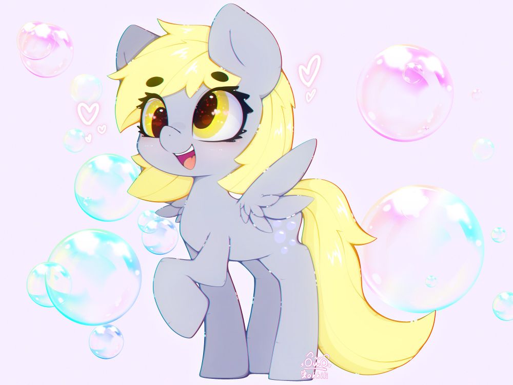 An adorable, happy-looking Derpy Hooves with a blonde mane and tail, large golden eyes filled with sparkles, and slightly misaligned pupils.