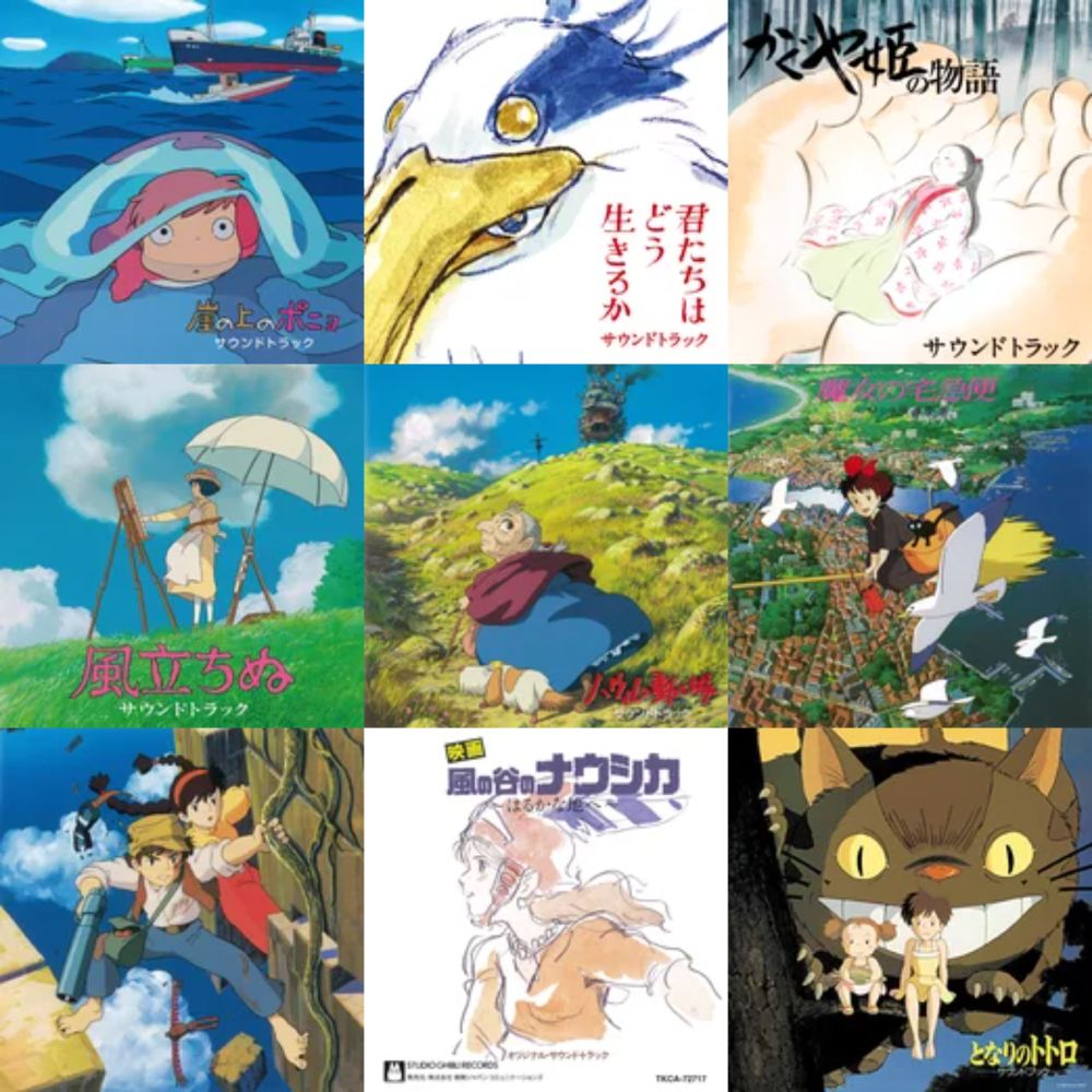 Mosaïque de 9 Bandes-originales de Joe Hisaishi :
Mon voisin Totoro / My Neighbor Totoro (1988)
Kiki la petite sorcière / Kiki's Delivery Service (1989)
Le Château dans le ciel / Castle in the Sky (1986)
Le Château ambulant / Howl's Moving Castle (2004)
Ponyo sur la falaise / Ponyo on the Cliff by the Sea (2008)
Nausicaä de la Vallée du Vent / Nausicaä of the Valley of the Wind (1984)
Le Vent se lève / The Wind Rises (2013)
Le Conte de la princesse Kaguya / The Tale of the Princess Kaguya (2013)
Le Garçon et le Héron / The Boy and the Heron (2023)