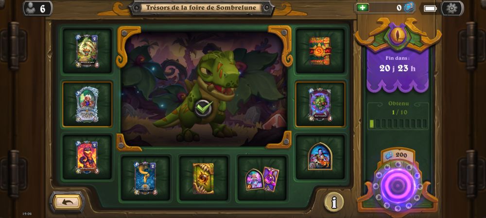 Interface de collection Hearthstone pour 'Trésor de la foire de Sombrelune'. L'écran montre une grille de cartes et d'objets avec au centre une grande illustration d'un dinosaure vert dans un environnement jungle. À droite, un panneau violet indique 'Fin dans: 20 j 23 h' et 'Obtenu 1/10' avec une barre de progression. Un bouton '200' avec un symbole violet est visible en bas à droite.