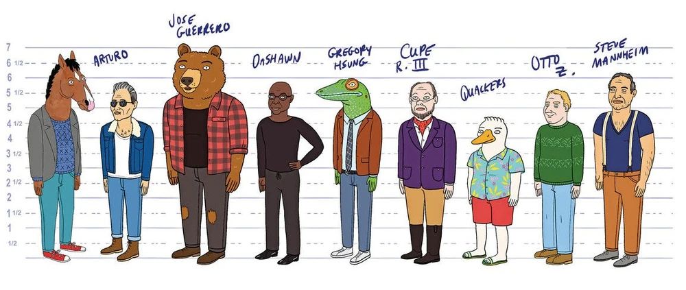 Voici une description détaillée pour les personnes malvoyantes :
Texte alternatif : Illustration montrant les huit pères adoptifs de Hollyhock dans la série "BoJack Horseman", alignés côte à côte avec une échelle de taille en arrière-plan. De gauche à droite :

Arturo : homme-cheval brun portant un cardigan gris et un pantalon bleu
Un homme aux cheveux gris en veste bleue et pantalon bleu clair
José Guerrero : homme-ours brun portant une chemise à carreaux rouge et noir sur un t-shirt noir
Dashawn : homme noir en tenue entièrement noire
Gregory Hsung : homme-lézard vert en costume-cravate avec veste marron
Cupe R. III : homme âgé aux cheveux blancs en costume violet élégant
Quackers : homme-canard en chemise hawaïenne colorée et short rouge
Otto : homme en pull vert
Steve Mannheim : homme barbu en gilet bleu marine et pantalon orange
