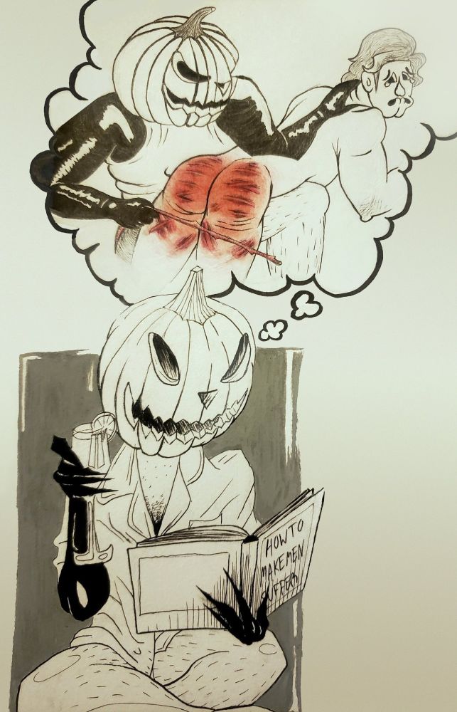 A jack-o-lantern with beefy hairy legs is sipping a mamosa while reading a book on sadism. He's imagining switching a sorry boy's ass red. It's a good vibe.