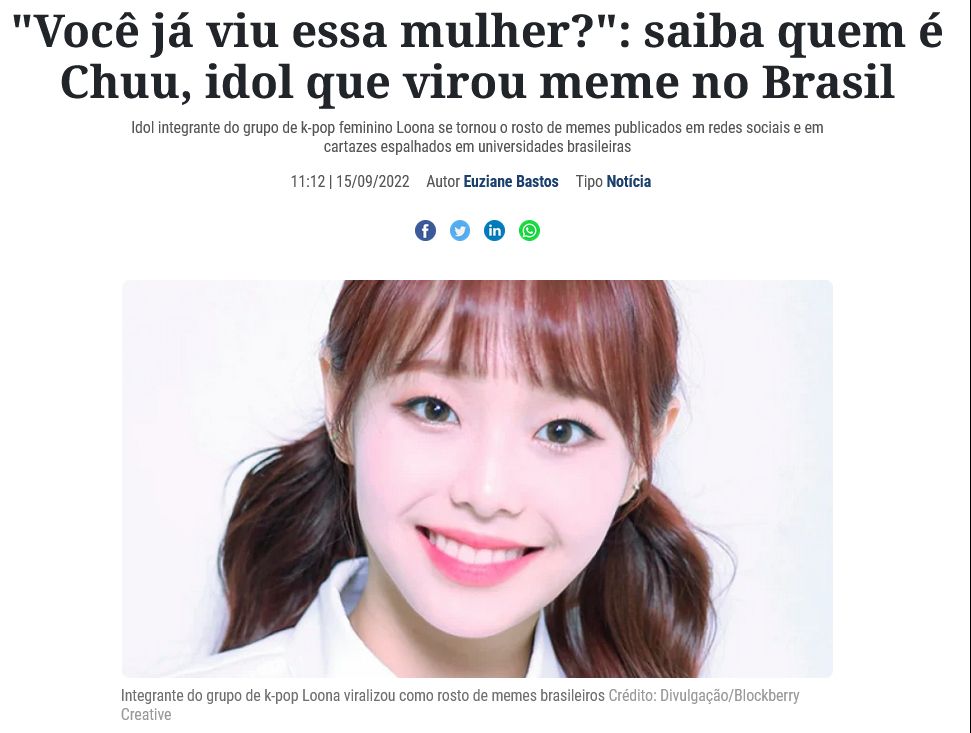 Print de uma matéria online do jornal O Povo. Na Manchete, se lê "'Você já viu essa mulher?': saiba quem é Chuu, idol que virou meme no Brasil". Abaixo, a famosa foto de Chuu num fundo branco sorrindo.