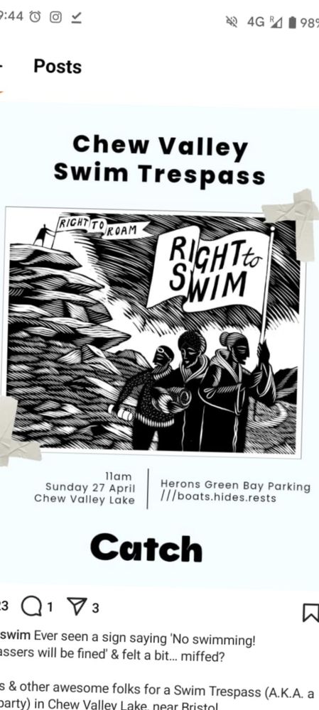 Image in black and white cartoon style with picture of 3 folk holding a banner saying Right to Swim along with Right to roam banner also being held up . The image states that a swim trespass on 27 April in chew valley bristol will be happening 