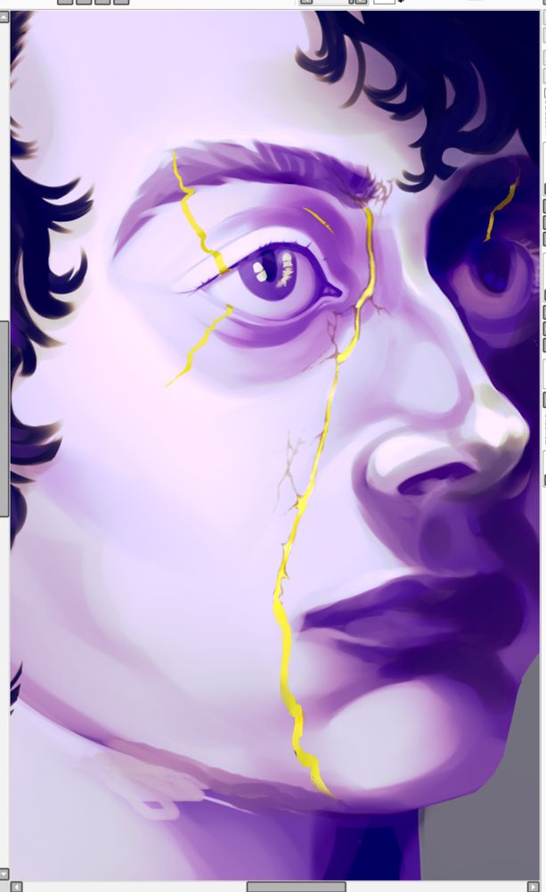 abandoned WIP. close-up of a pale face in green, blue, and purple hues, with cracks across the eyes and along the side of the nose and mouth. the cracks are filled in with gold lacquer
