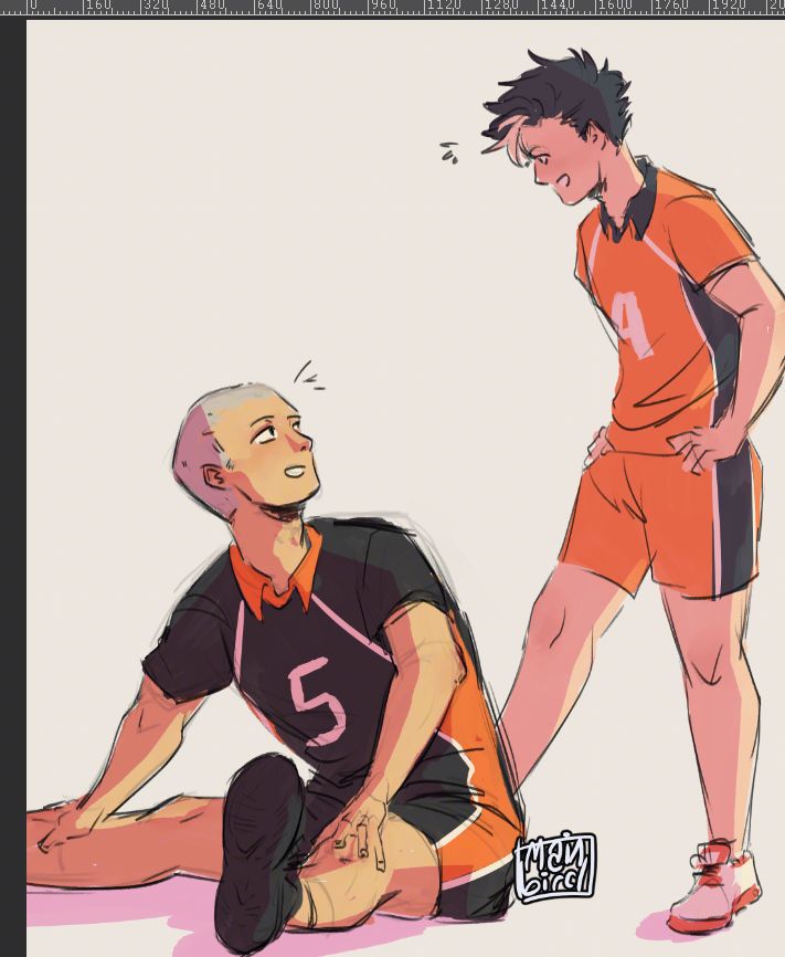 Digital sketch of Nishinoya Yuu and Tanaka Ryuu of the show haikyuu. They're in their player uniforms, Tanaka sitting on the ground and stretching, half turned back. Nishinoya is behind him, lightly touching him with his food, standing with his hands on his hips. They're talking and smiling at each other