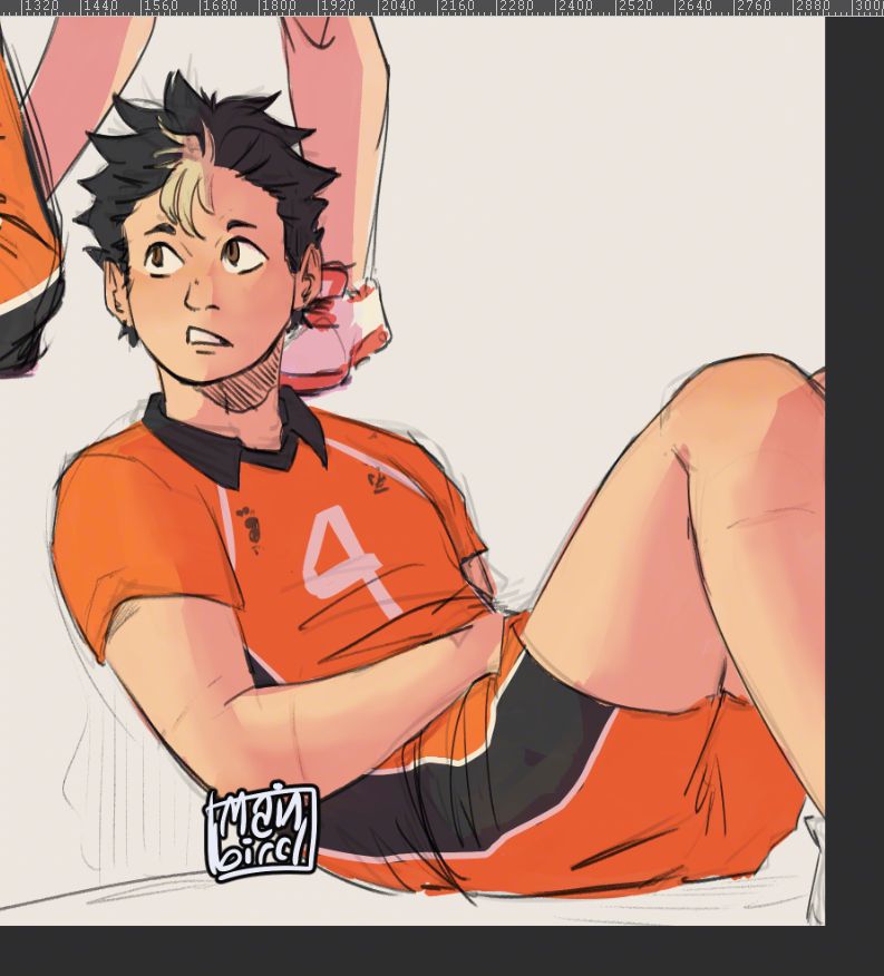 Digital illustration of Nishinoya Yuu from haikyuu, leaning against a wall while sitting on the ground. He's in his libero trickot, looking off to the side with a quizzical expression