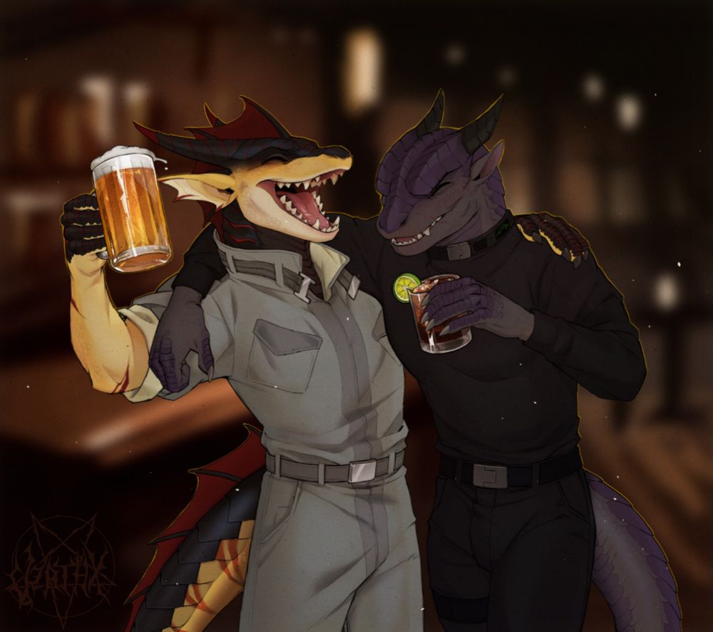 Seraph Kairos (Left) and Ajax Kairos (Right) share drinks in a bar.
Sea Dragon and Kobold, respectively.

Drinks are inspecific; Seraph has a pint of beer, and Ajax has a mixed drink.