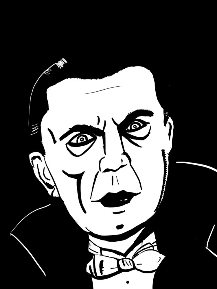 A black and white illustration of Bela Lugosi as Dracula by Evan Johnston.

