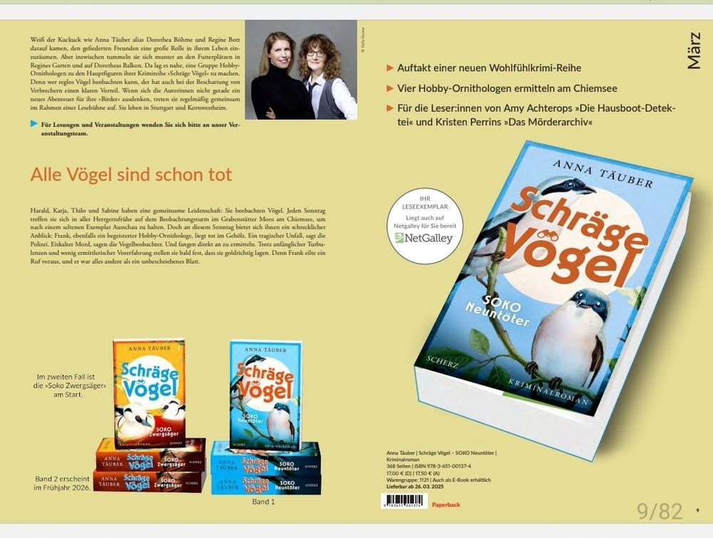 Auszug aus der Programmvorschau des Fischer SCHERZ Verlag. Abgebildet sind auf 2 Seiten 2 Buchcover und das Autorinnenfoto.