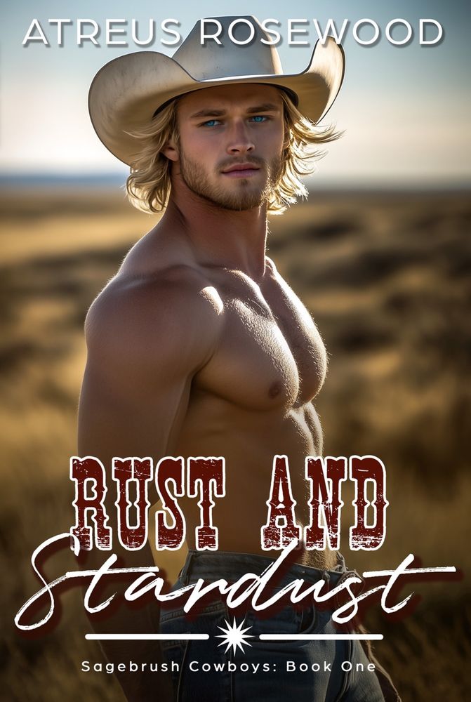 Cover of Rust and Stardust by Atreus Rosewood. A handsome shirtless man with blonde hair and blue eyes wearing a cowboy hat standing in a field.