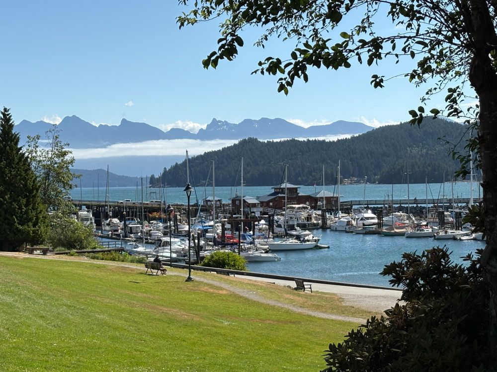 A view across a grass field down to a marina and moulin the distance 